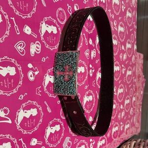 Nocona Brown Belt with Silver and Blue Cross Buckle